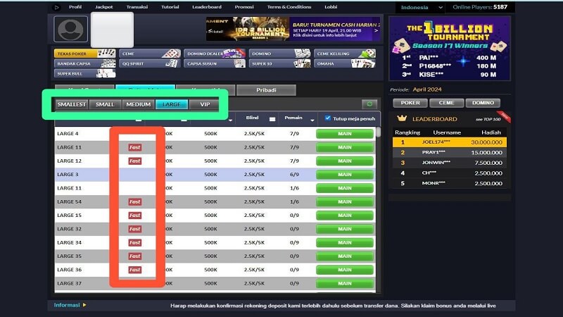 pemilihan meja Texas Hold’em Poker