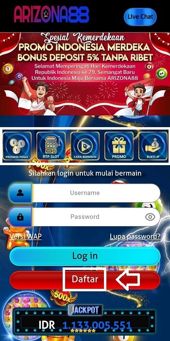 Tampilan Dashboard Situs Arizona88.