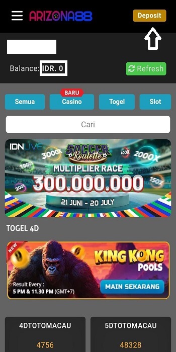 Tampilan Halaman Akun di Situs Arizona88
